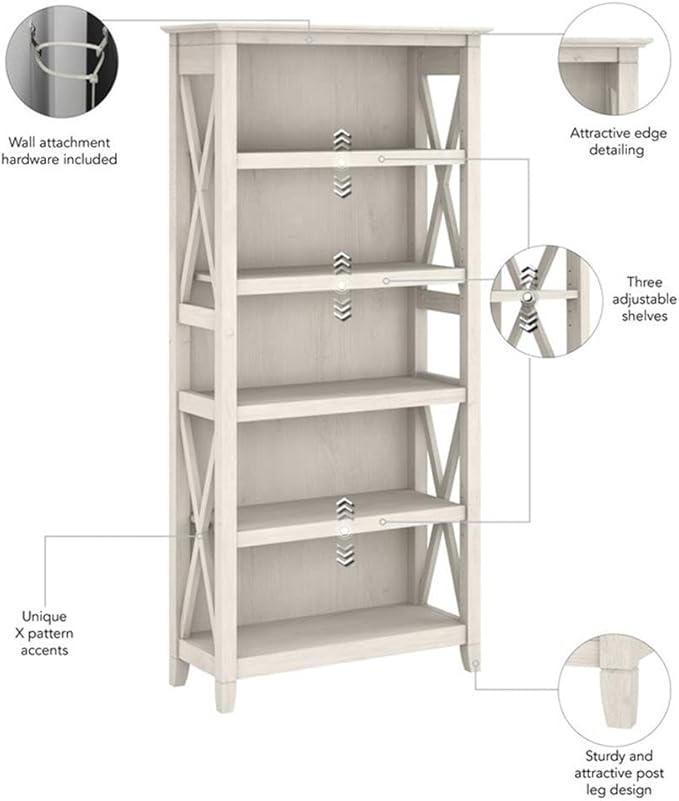 Bush Home Key West 5 Shelf Bookcase - Set of 2 | Tall Bookshelves in Linen White Oak | Sturdy Display Shelves for Library, Living Room, and Home Office