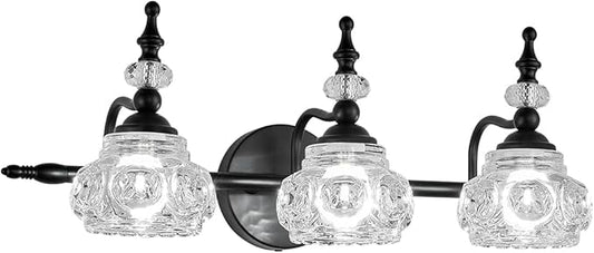 Vintage Bathroom Vanity Light Fixture, 3 Lights Bathroom Lighting Painted Black Surface with Thick Crystal Glass Shade, Vintage Vanity Light for Bedroom Living Room