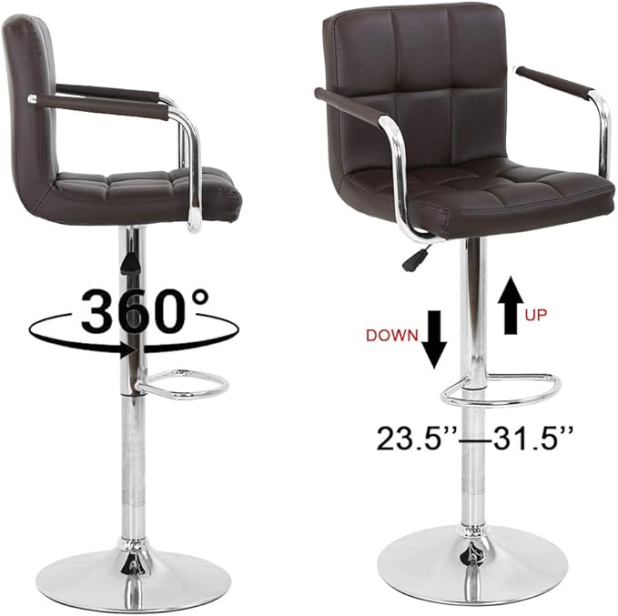 BestOffice Modern Bar Stool Set of 2 Barstools Armrest Height Adjustable Counter Stools Bar Chairs Swivel Bar Stool PU Leather Hydraulic Dining Room Chairs Home Kitchen Stools (Brown)