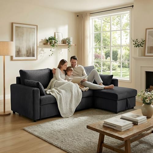 85" 3 Seats Sectional Sleeper Sofa with 3 in 1 Pull Out Bed, Black