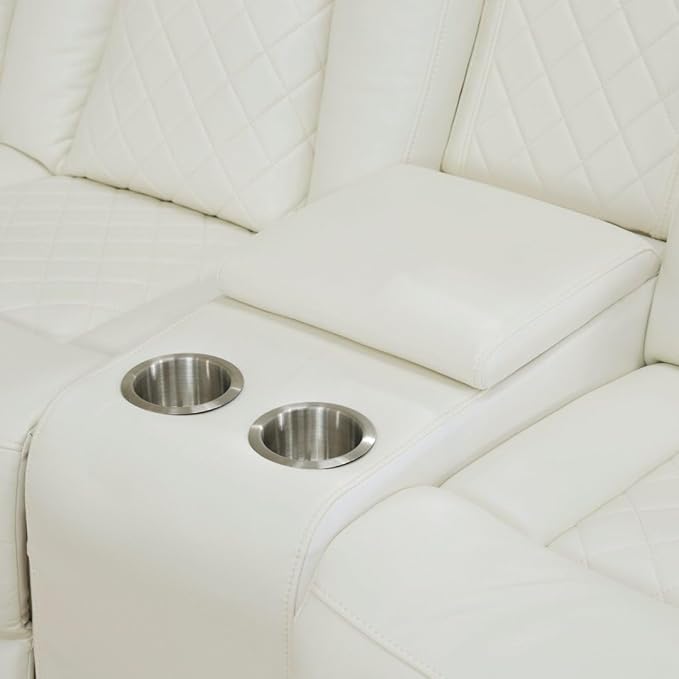 Power Recliner Sectional Sofa with LED Lighting, Breathing Leather Corner Couch with USB Port,Storage Console, Cup Holders, Reading Light – Home Theater & Living Room Seating (Cream White)