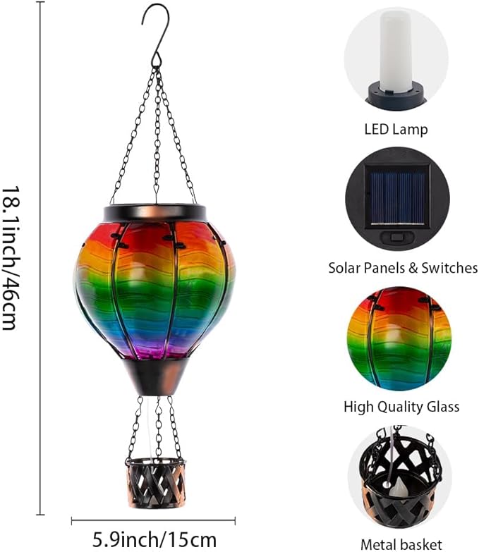 2PCS Colorful Solar Hot Air Balloon Lantern with Flame,Rainbow Wave Glass Solar Hanging Light Outdoor Waterproof for Garden Tree Yard Patio Party Decor