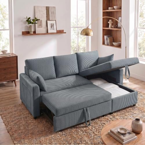85" 3 Seats Sectional Sleeper Sofa with 3 in 1 Pull Out Bed, Gray