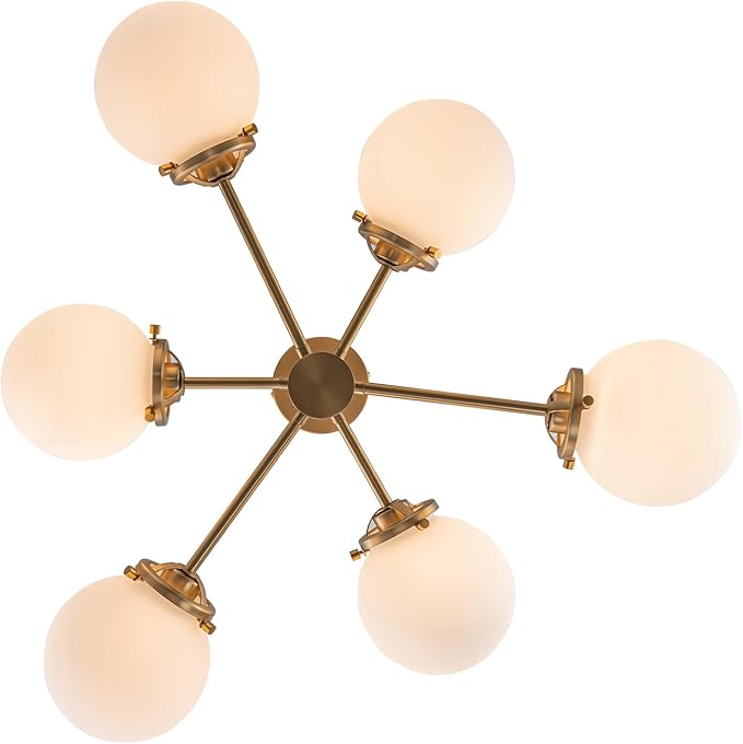 6-Lights Sputnik Chandeliers Gold Mid Century Modern Chandelier Fixture with Milk White Globe Glass, Dining Light Fixtures Ceiling Hanging for Living Room Bedroom Kitchen Island Foyer