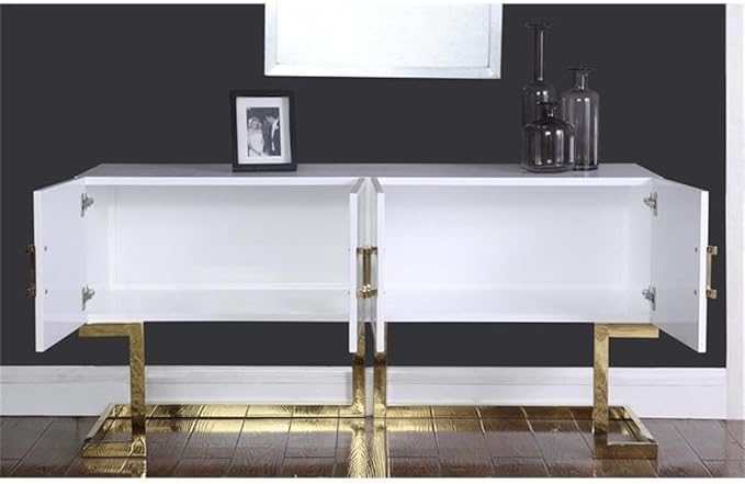 Meridian Furniture Beth Collection Modern | Contemporary Sideboard Buffet, Rich Gold Stainless Steel Base, White Laquer Finish, 64" W x 18" D x 31" H, Cabinet