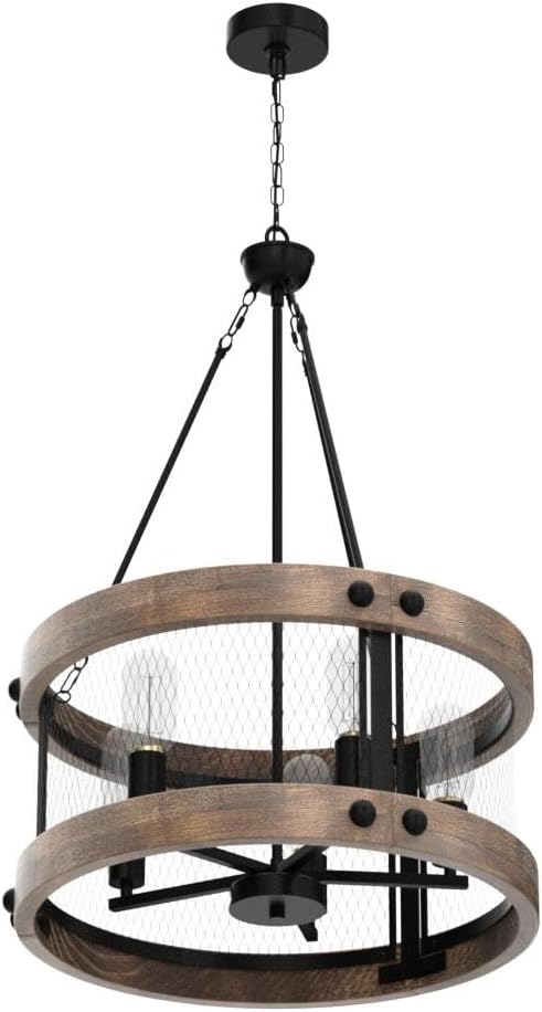 LALUZ Farmhouse Chandelier for Dining Room, 18’’ Round Wooden Chandelier for Kitchen Island, Foyer, Entryway, 5-Light
