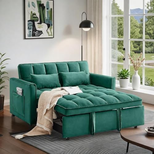 3 in 1 Convertible Sofa Bed, Velvet Fabric Loveseat Sleeper Sofa with Side Pockets, Pull Out Couch with Adjustable Backrest for Small Spaces, Living Room, Bedroom, Apartment, Green