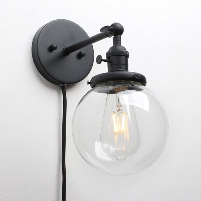 PERMO Plug in Wall Sconce with 5.9" Round Globe Clear Glass Shade and On/Off Switch Industrial Wall lamp Light Fixture 1-Light (Black)