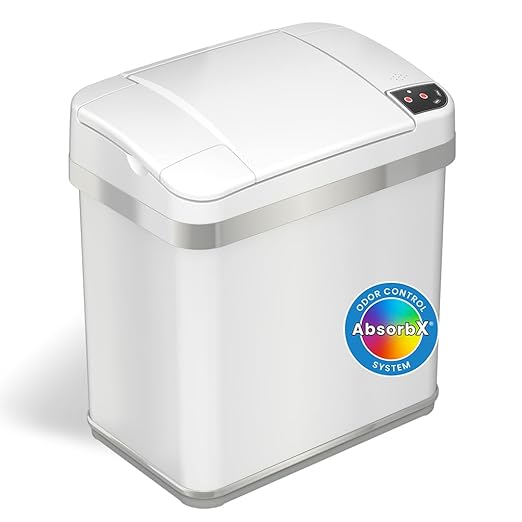 iTouchless 2.5 Gallon Bathroom Trash Can with Odor Control, 10 L Automatic Motion Sensor Bin, Soft-Close Stainless Steel, Slim Wastebasket for Narrow Spaces, White