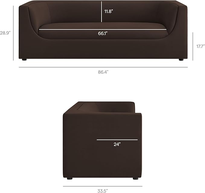 Modway Hilda 86 Inch Modern Curved Back Performance Velvet Sofa in Chocolate Brown – Plush Upholstered 3-Seat Couch for Living Room, Apartment, Office