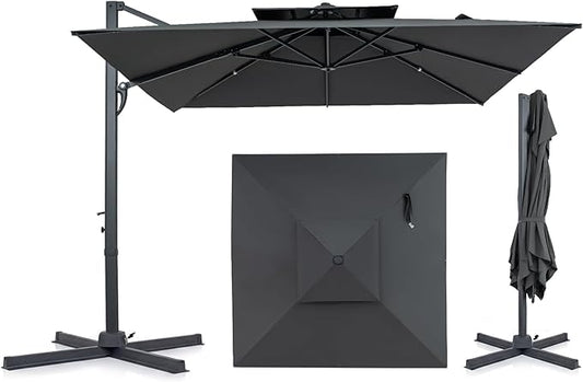Tangkula 10 FT Patio Cantilever Umbrella, Large Square Offset Hanging Umbrella w/ 360° Rotation, 8 Sturdy Ribs, Air Vent & Cross Base, Heavy-Duty Outdoor Sun Shade for Backyard Pool Garden Deck, Grey