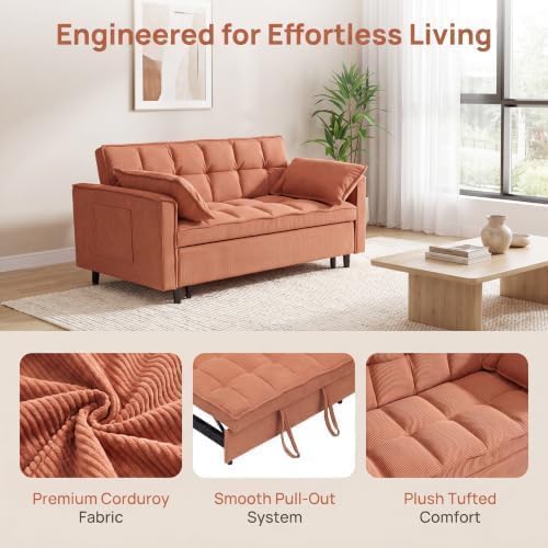 54" Convertible Pull Out Sofa Bed with Adjustable Backrest, Orange