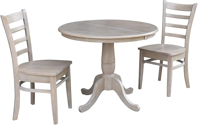 IC INTERNATIONAL CONCEPTS 36" Round Extension Solid Wood Table with 2 Emily Chairs in Washed Gray Taupe