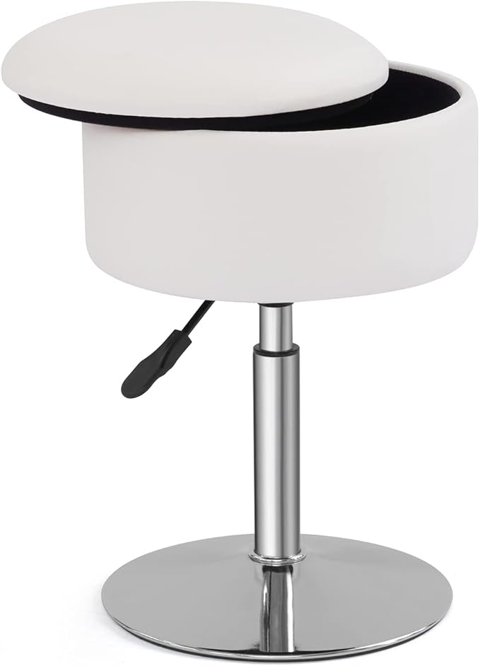 Adjustable Ottoman Stool White Vanity Stool Vanity Chair for Makeup Room Stool Chair for Vanity Stool with Storage Makeup Stools with Storage Swivel Makeup Chair for Bathroom Faux Leather