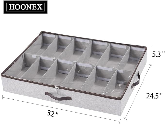 HOONEX Under Bed Shoe Storage Organizer with Adjustable Dividers, Shoe Holder with Leather Handles, 1 Pack, Store 12 Pairs, Grey