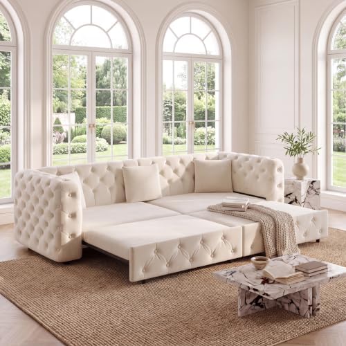 89" 4-Seater Queen Size Pull Out Sofa Bed with 3 Pillows, Beige