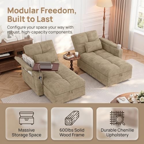 Convertible Sectional Sofa Bed with Storage, Tray & USB Port, Khaki