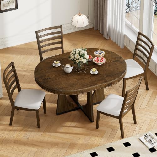 Bellemave Extendable Dining Table Set with 4 Upholstered Chairs, 5-Piece Round Kitchen Table Set with Removable Middle Leaf for Kitchen, Dining Room (Walnut)