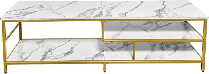 AT-VALY TV Stand for 55-75 inch TVs, Metal&MDF TV Stand with 3-Tier Storage Shelves for Living Room, Entertainment Center with Storage Cabinets (Gold)