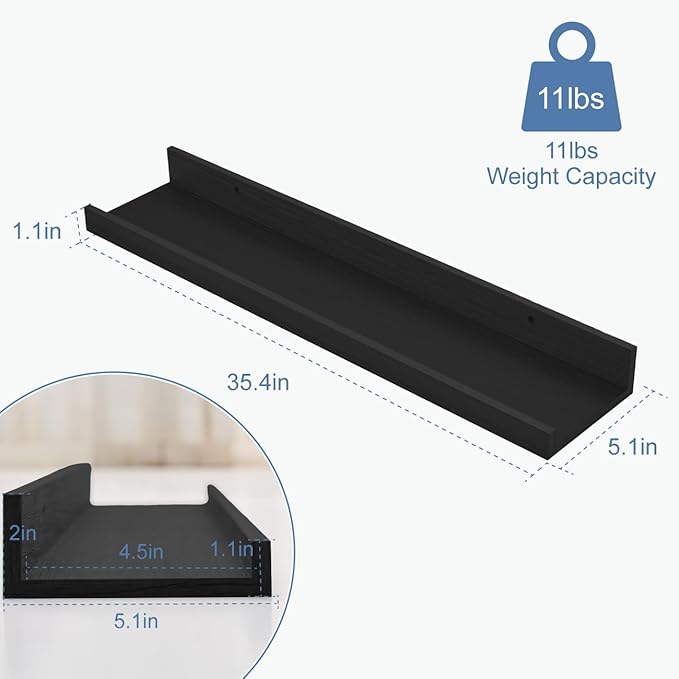 Wall Shelves for Living Room, Nursery Book Shelves Black Bathroom Shelves Over Toilet Floating Shelves for Wall, Modern Wood Storage for Bedroom, Kid's Room, Kitchen, 36inch, Set of 6