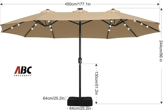 ABCCANOPY 15ft Umbrella Outdoor Patio Solar Lights with Base, Outdoor Double-Sided Rectangle Umbrella for Poolside, Lawn, Backyard (Khaki)