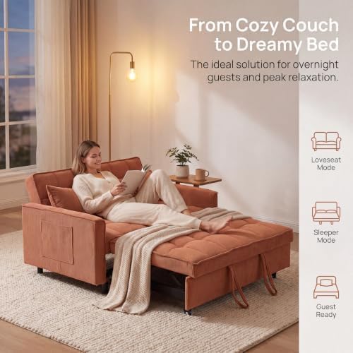 54" Convertible Pull Out Sofa Bed with Adjustable Backrest, Orange