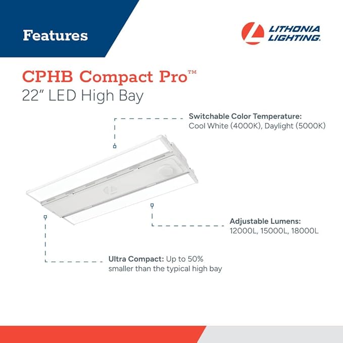 Lithonia Lighting Compact Pro LED High Bay Light, Ceiling Lighting Fixture, Adjustable 24000/27000/30000 Lumens, Selectable 4000K/5000K, MVOLT 120-277V (CPHB ALO16 MVOLT SWW9 80CRI DWH)