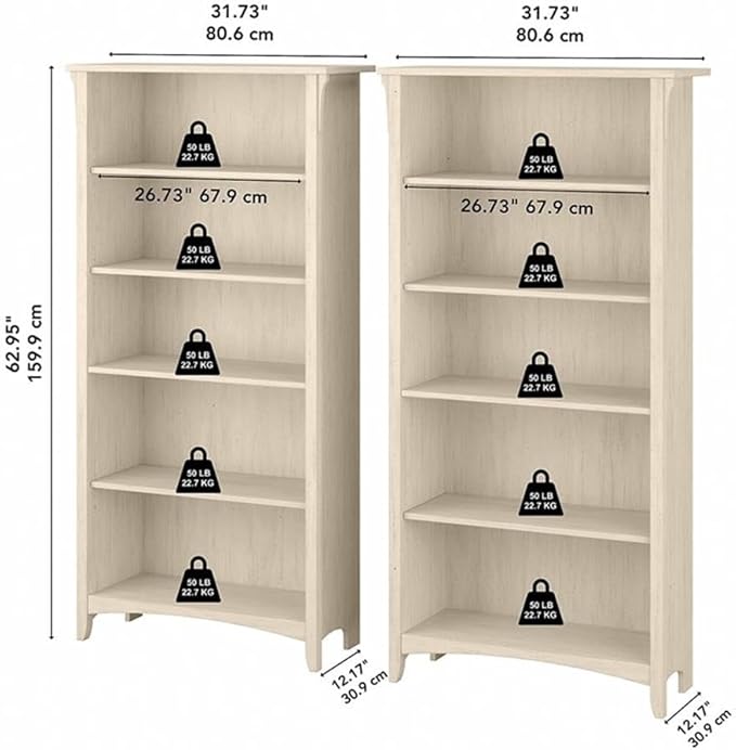Bush Home Salinas Tall 5 Shelf Bookcase - Set of 2 in Antique White, Vertical Office Storage, Bookshelves for Home Workspace, Multi-Purpose Shelving Units