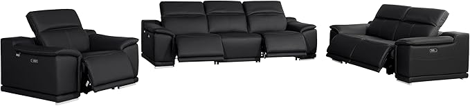 BlackJack Furniture Venice Top Grain Italian Leather Recliner 6 Seater 5 Power 3 Piece Sofa Set with Adjustable Headrests Modern Luxury Seating Sofa, Loveseat and Chair for Living Room Lounge, Black