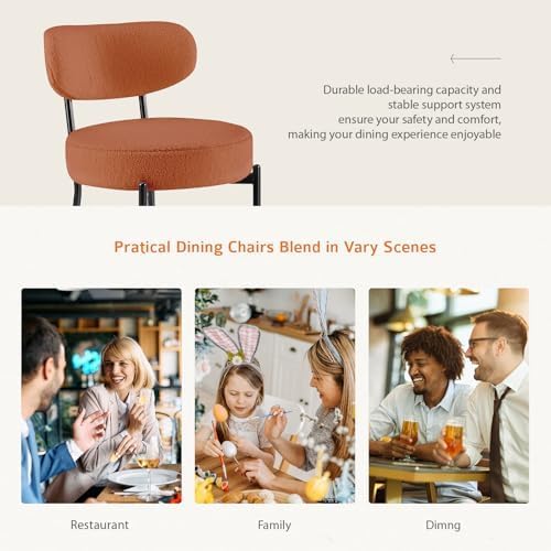 DUMOS Dining Chairs Set of 6, Mid Century Modern Chair Round Upholstered Curved Backrest, Kitchen Vanity Living Room Chairs with Black Metal Legs, Orange