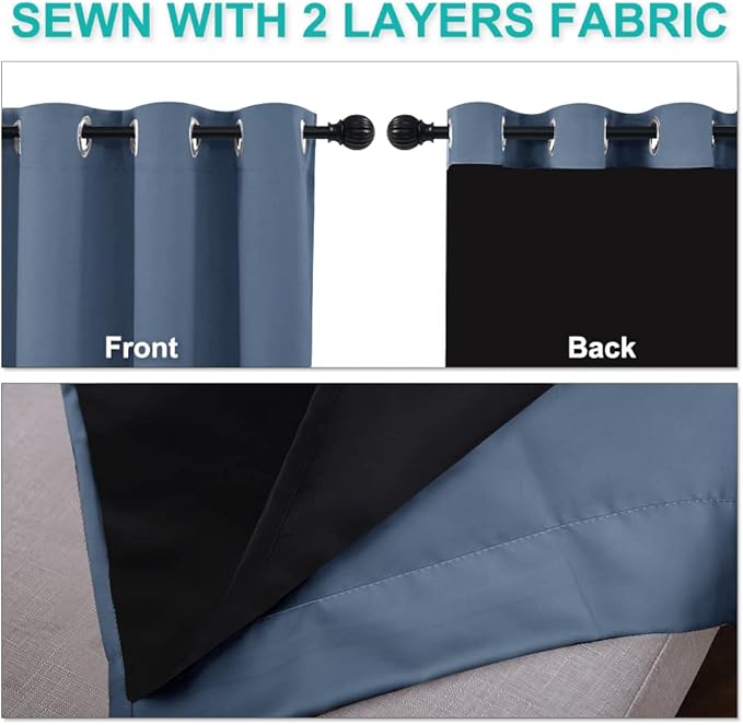 NICETOWN 100% Blackout Curtain with Black Liner, Thermal Insulated 2-Layer Lined Drape, Room Warming Small Window Drapery for Dining Room (Stone Blue, 1 Panel, 46 inches W by 54 inches L)
