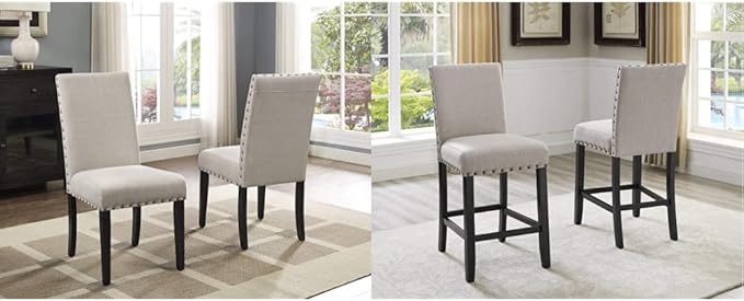 Roundhill Furniture Biony Tan Fabric Dining Chairs with Nailhead Trim, Set of 2 & Height Stools with Nailhead Trim, Set of 2