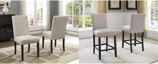 Roundhill Furniture Biony Tan Fabric Dining Chairs with Nailhead Trim, Set of 2 & Height Stools with Nailhead Trim, Set of 2