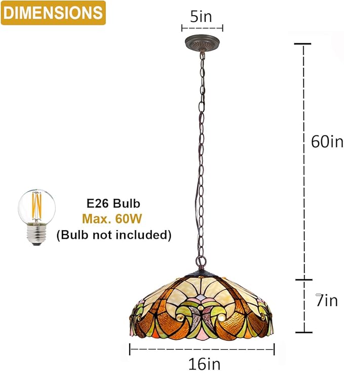 Tiffany Pendant Light fixtures 16" Wide Stained Glass Pendant Lighting Vintage Style 2 Lights Hanging Lamp for Kitchen Dining Room Bedroom