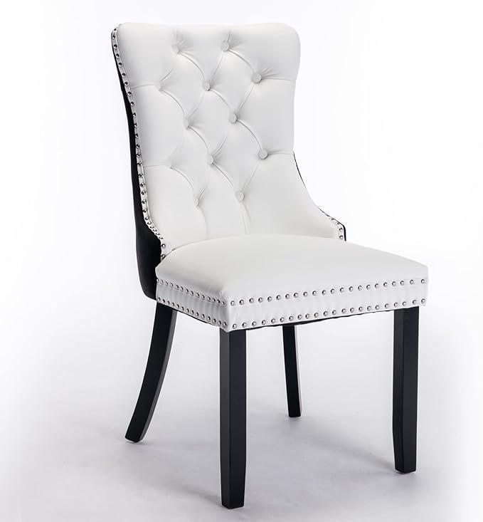 PU and Velvet Upholstered Dining Chair with Wood Legs Nailhead Trim 2-Pcs Set,Modern Side Chair W/Button Back Ring for Kitchen,White+Black
