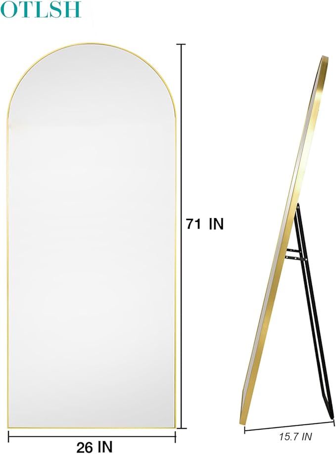 Full Length Arched Floor Mirror, 71"26" With Stand, Full Body, Large, Wall, Freestanding, Oversized, Aluminum Frame - Gold