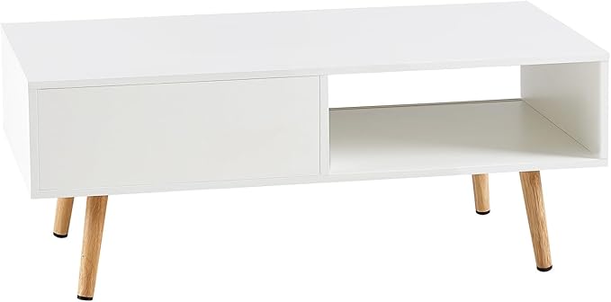 Ball & Cast 41.34“ Rattan Coffee Table with Storage, Wooden Center Table with Sliding Door and Solid Wood Legs, Morden Accent End Table Living Room Coffee Table,White