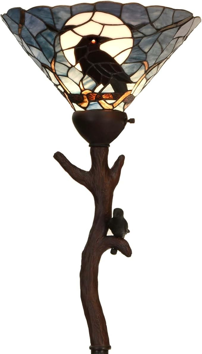 Bieye L10959 Raven Sitting on Bare Tree Branch in Full Moon Night Tiffany Style Stained Glass Torchiere Floor Lamp for Halloween Decor (Dark Blue)