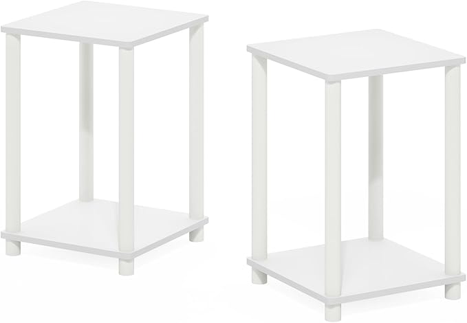 Furinno Turn-N-Tube Side Table Set of 2, 2-Tier Stackable Modern End Table with Open Shelf, Toolless Night Stand, Bedside Table, for Living Room, Bedroom, White