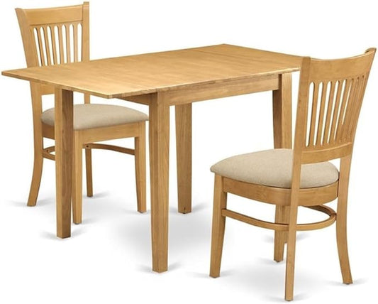 East West Furniture NDVA3-OAK-C 3 Piece Dining Room Furniture Set Contains a Rectangle Kitchen Table with Dropleaf and 2 Linen Fabric Upholstered Dining Chairs, 30x48 Inch, Oak