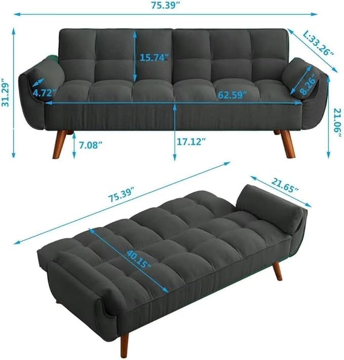 Convertible Futon Sofa Bed, Modern Futon Couch with 2 Pillows, Small Futons Couch with Adjustable Armrest & Backrest, Loveseat Sofa Bed for Living Room, Bedroom, Black