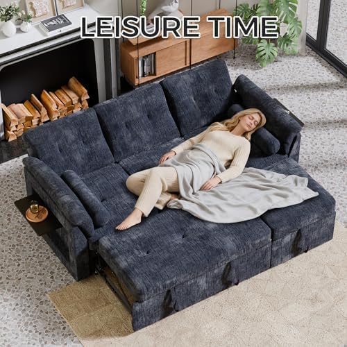 Convertible Sleeper Sofa Bed, 63 Inch Chenille Pull Out Couch with Side Table & Adjustable Backrest, Sectional Sleeper Sofa with Pull Out Bed for Living Room, Apartment, Blue