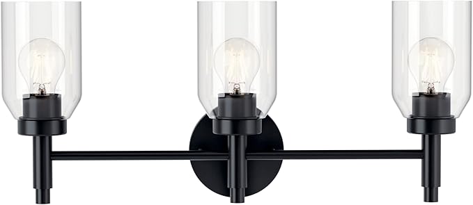 Kichler Madden 3-Light Vanity with Clear Glass in Black, Sloped Ceiling Compatible, for Single Vanity in Bathroom (10.5" x 24"), 55185BK
