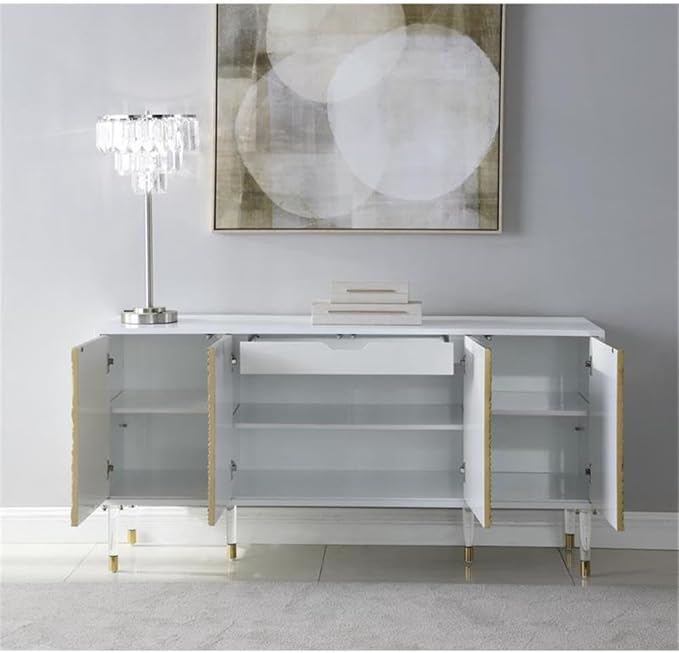 Meridian Furniture Bellissimo Collection Modern | Contemporary Lacquer Sideboard/Buffet Tipped Acrylic Legs Wood Design, 64" W x 18" D x 31" H, White/Gold