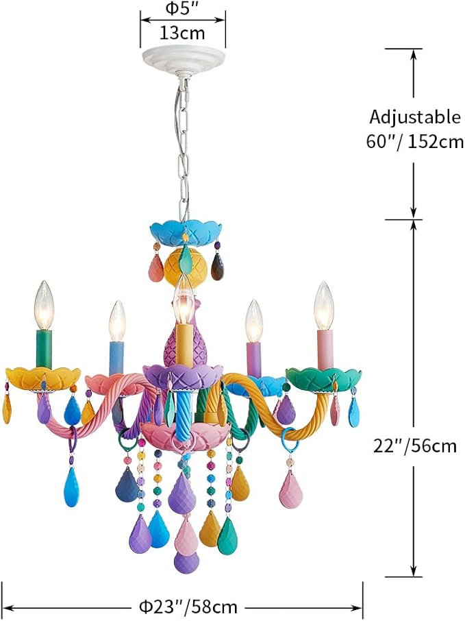 Shrine Lighting Multi Colored Crystal Chandeliers, Pastel Design, Perfect Colorful Chandelier for Bedroom Space, D23'' x H22'', Adjustable Chains 60", E12*5 Sockets, Youthful Spirits Color
