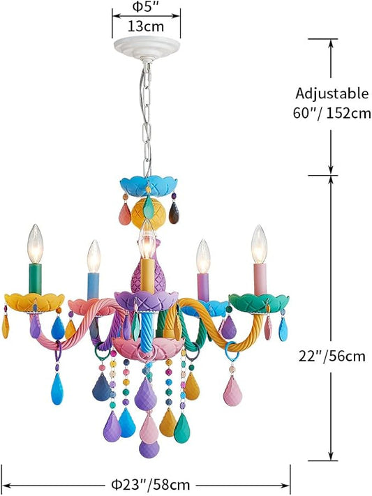 Shrine Lighting Multi Colored Crystal Chandeliers, Pastel Design, Perfect Colorful Chandelier for Bedroom Space, D23'' x H22'', Adjustable Chains 60", E12*5 Sockets, Youthful Spirits Color