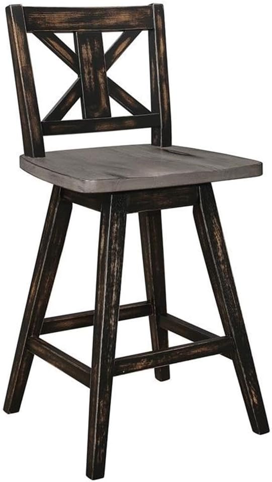 Lexicon Counter Height Stools Set of 2-Solid Wood Frame 360° Swivel Wooden Stools, Foot Rest, X Back, Wide Seat, Distressed Farmhouse Easy to Clean Finish, 24" SH, Antique Black/Grey