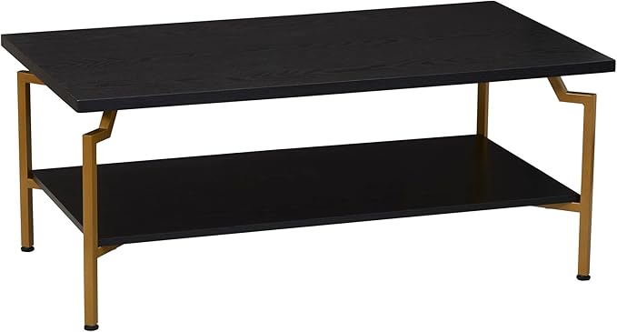 Household Essentials Crown Rectangular Coffee Table with Storage Shelf Black Oak Wood Grain and Gold Metal