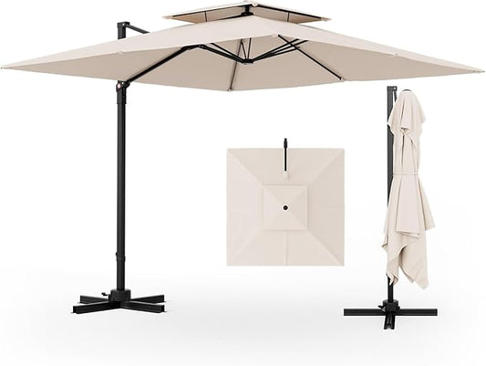 Tangkula 9.5 FT Cantilever Patio Umbrella, Outdoor Square Offset Umbrella with 360° Rotation, Double Top Heavy Duty Patio Hanging Umbrella with Cross Base for Garden Deck Pool Backyard (Beige)
