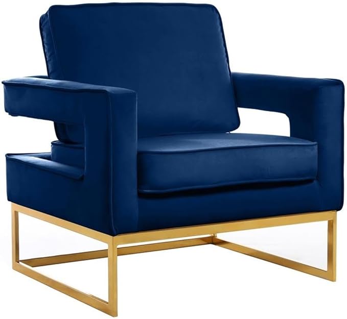 Meridian Furniture Noah Collection Modern | Contemporary Velvet Upholstered Accent Chair with Durable Stainless Steel Base, Navy, Gold Base